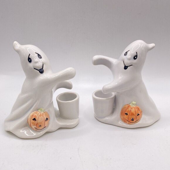 FITZ & FLOYD OMNIBUS Ghosts With Pumpkin CANDLE HOLDERS Vintage Set If 2! - Picture 4 of 6